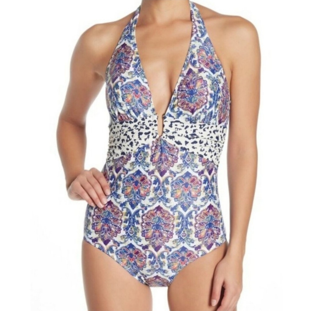 Nicole Miller Multi Print One Piece Swimsuit Sz 10
